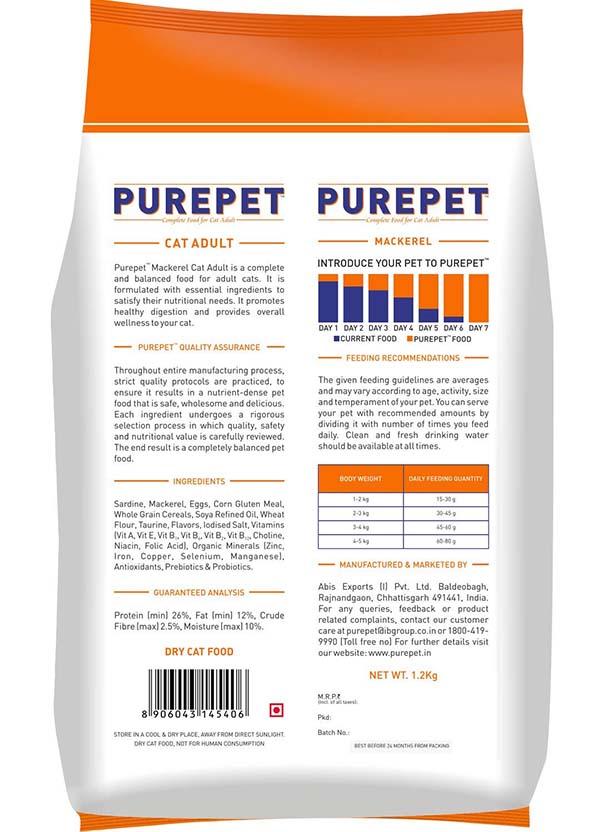 the pet being Purepet Adult Dry Cat Food, Mackerel