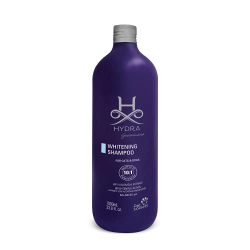 Hydra Groomers Whitening Shampoo 1L – Professional Brightening Pet Shampoo India Hydra Groomers Whitening Shampoo 1000ml purple bottle for cats and dogs – oatmeal extract, optical brighteners, 10:1 dilution, balanced pH by Pet Society