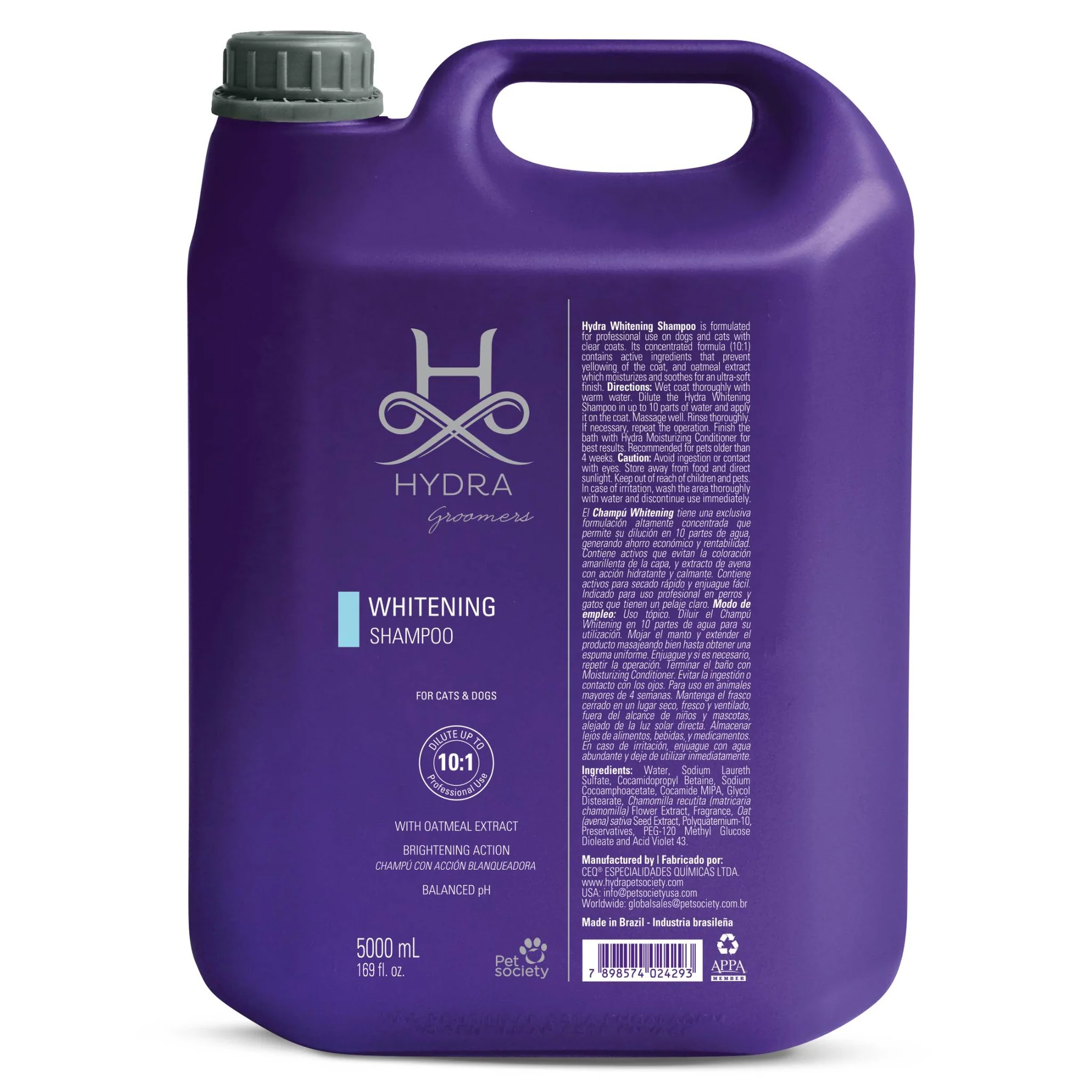Hydra Groomers Whitening Shampoo 5000ml large purple salon jug for cats and dogs – optical brighteners, oatmeal extract, 10:1 dilution, made in Brazil by Pet Society