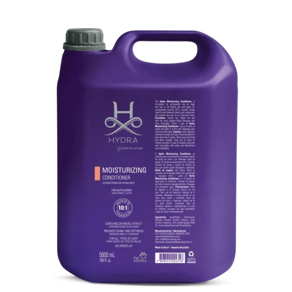 Hydra Groomers Moisturizing Conditioner 5000ml large purple salon jug for cats and dogs – oatmeal extract and grapeseed oil, 10:1 dilution, made in Brazil by Pet Society