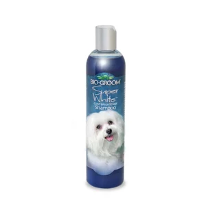 Bio-Groom Super White Coat Brightener Shampoo 355ml blue bottle with silver cap featuring Maltese dog – for white and light-coloured dogs, paraben-free, cruelty-free