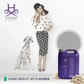 Hydra Groomers Moisturizing Shampoo 5L lifestyle image with Dalmatian dog and fashion model – Shine Bright with Hydra by Pet Society salon size India