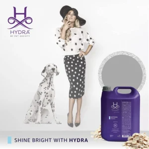 Hydra Groomers Whitening Shampoo 5L lifestyle image with Dalmatian dog and fashion model – Shine Bright with Hydra by Pet Society salon size India