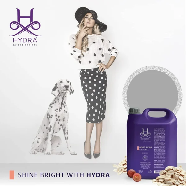 Hydra Groomers Moisturizing Conditioner 5L lifestyle image with Dalmatian dog and fashion model – Shine Bright with Hydra by Pet Society salon size with oats and grapes