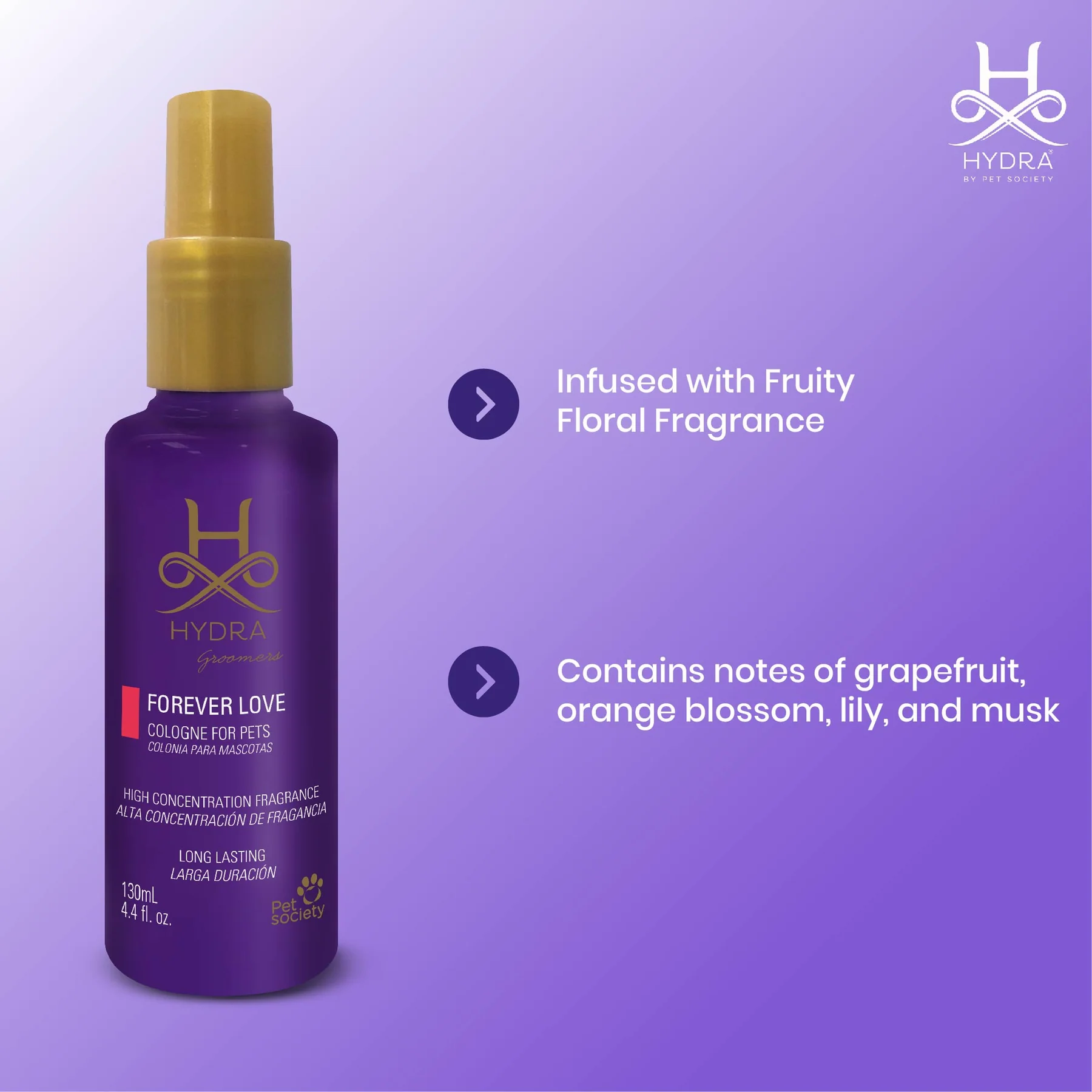 Hydra Groomers Forever Love Cologne 130ml fragrance notes – infused with fruity floral fragrance containing grapefruit, orange blossom, lily and musk