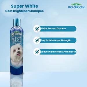 Bio-Groom Super White Coat Brightener Shampoo benefits checklist – helps prevent dryness, soy protein gives strength, leaves coat clean and smooth