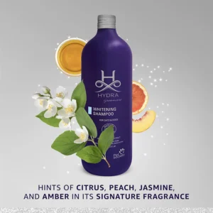 Hydra Groomers Whitening Shampoo fragrance notes – citrus, peach, jasmine and amber signature scent with white flowers and fruit elements