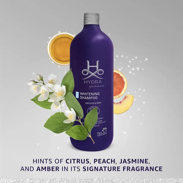 Hydra Groomers Whitening Shampoo fragrance notes – citrus, peach, jasmine and amber signature scent with white flowers and fruit elements