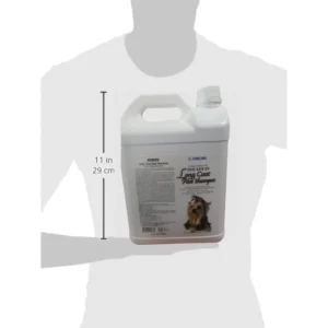 Forcans Long Coat Aloe Shampoo 4L size reference image – 11 inches / 29cm tall bottle shown against human silhouette for scale