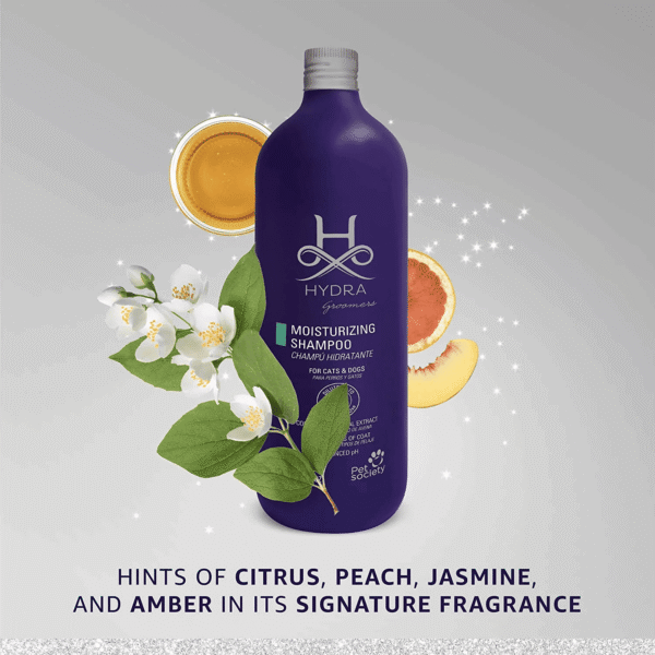 Hydra Groomers Moisturizing Shampoo fragrance notes – citrus, peach, jasmine and amber signature scent with white flowers and fruit elements