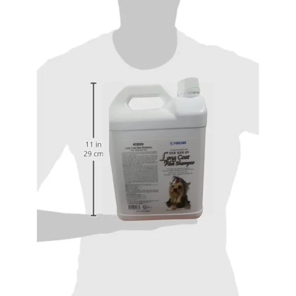 Forcans Long Coat Aloe Shampoo 4L size reference image – 11 inches / 29cm tall bottle shown against human silhouette for scale