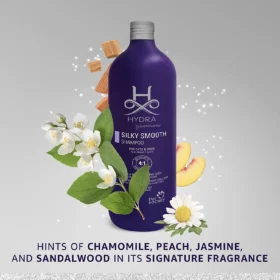 Hydra Groomers Silky Smooth Shampoo fragrance notes – chamomile, peach, jasmine and sandalwood signature scent with flowers and wood elements
