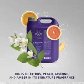 Hydra Groomers Moisturizing Shampoo 5L fragrance notes – citrus, peach, jasmine and amber signature scent with white flowers and grapefruit elements