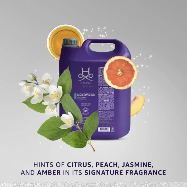 Hydra Groomers Moisturizing Shampoo 5L fragrance notes – citrus, peach, jasmine and amber signature scent with white flowers and grapefruit elements