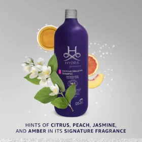 Hydra Groomers Odour Neutralizing Shampoo fragrance notes – citrus, peach, jasmine and amber signature scent with white jasmine flowers and grapefruit
