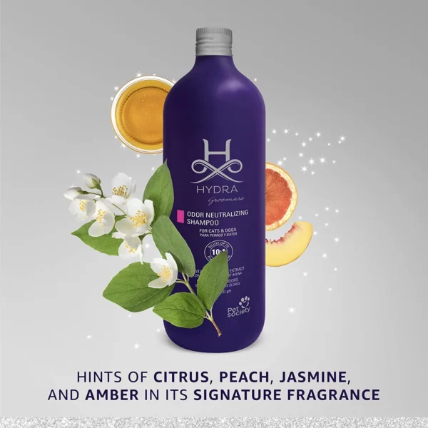 Hydra Groomers Odour Neutralizing Shampoo fragrance notes – citrus, peach, jasmine and amber signature scent with white jasmine flowers and grapefruit