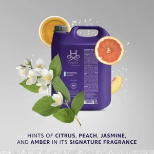 Hydra Groomers Whitening Shampoo 5L fragrance notes – citrus, peach, jasmine and amber signature scent with jasmine flowers and grapefruit on silver background