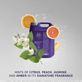 Hydra Groomers Moisturizing Conditioner 5L fragrance notes – citrus, peach, jasmine and amber signature scent with jasmine flowers and grapefruit on silver background