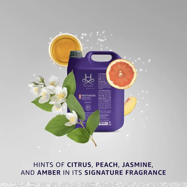 Hydra Groomers Moisturizing Conditioner 5L fragrance notes – citrus, peach, jasmine and amber signature scent with jasmine flowers and grapefruit on silver background