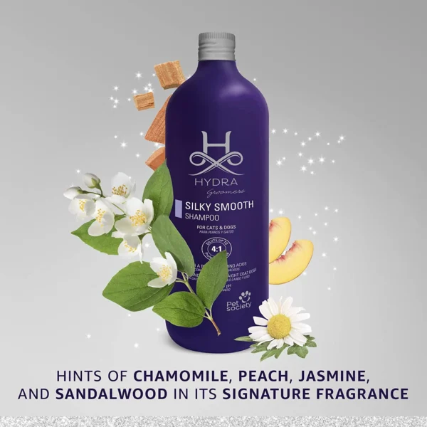Hydra Groomers Silky Smooth Shampoo fragrance notes – chamomile, peach, jasmine and sandalwood signature scent with flowers and wood elements