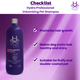 Hydra Groomers Volumizing Shampoo checklist – promotes hair growth, makes dog coats healthy and shiny, suitable for fluffy and double-coated pets