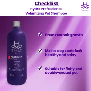 Hydra Groomers Volumizing Shampoo checklist – promotes hair growth, makes dog coats healthy and shiny, suitable for fluffy and double-coated pets