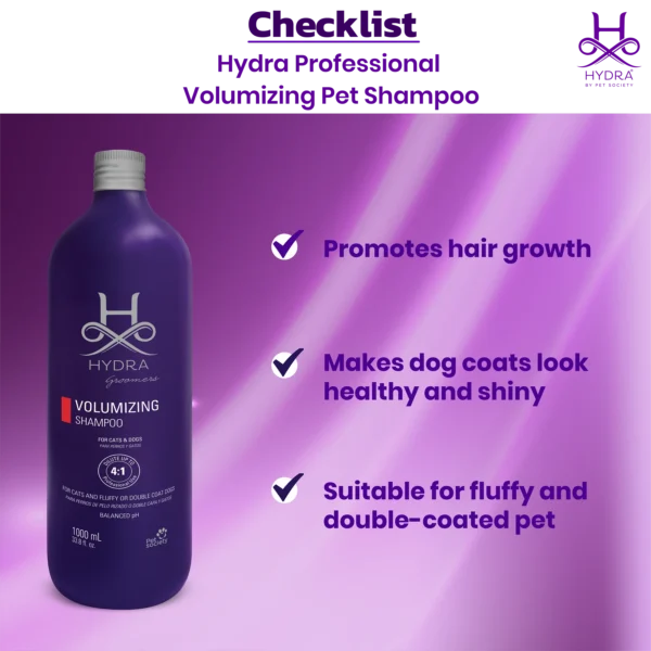 Hydra Groomers Volumizing Shampoo checklist – promotes hair growth, makes dog coats healthy and shiny, suitable for fluffy and double-coated pets