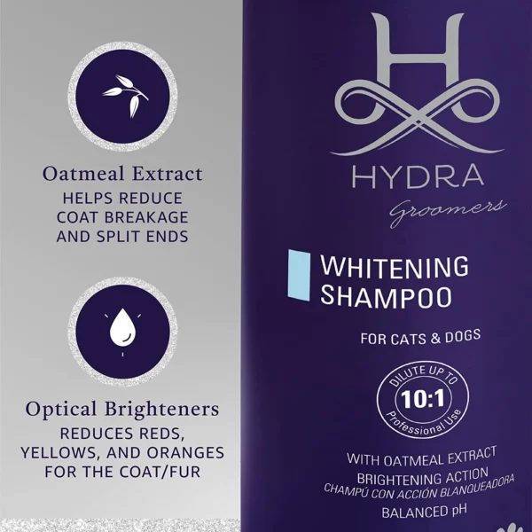 Hydra Groomers Whitening Shampoo ingredient infographic – oatmeal extract reduces coat breakage, optical brighteners reduce reds yellows and oranges in pet fur