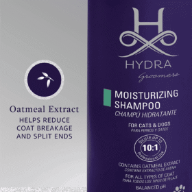 Hydra Groomers Moisturizing Shampoo infographic – oatmeal extract helps reduce coat breakage and split ends, 10:1 dilution for cats and dogs