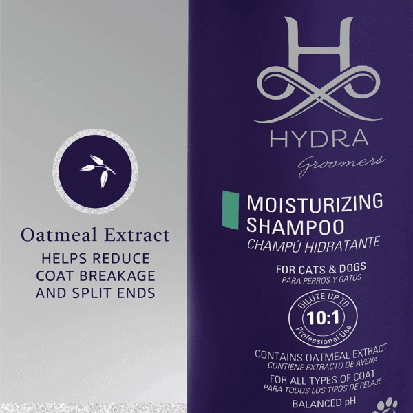 Hydra Groomers Moisturizing Shampoo infographic – oatmeal extract helps reduce coat breakage and split ends, 10:1 dilution for cats and dogs