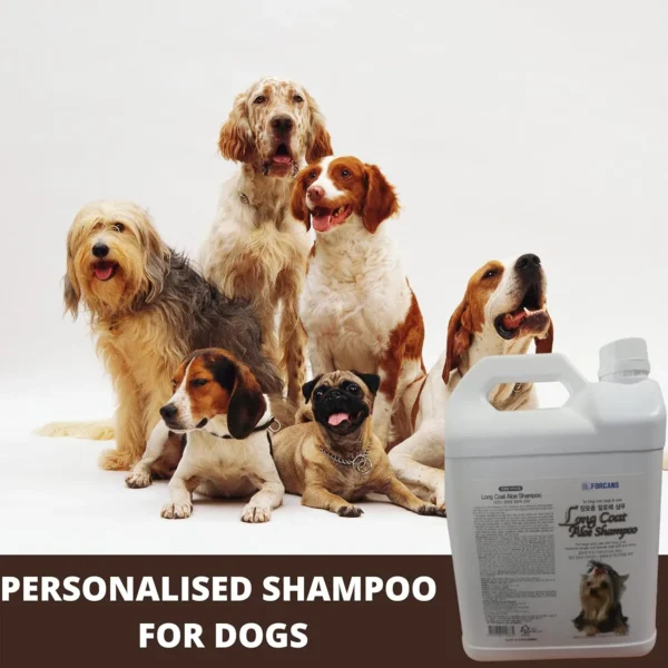 Forcans Long Coat Aloe Shampoo 4L shown with group of multiple dog breeds – personalised shampoo for all long coat dogs India