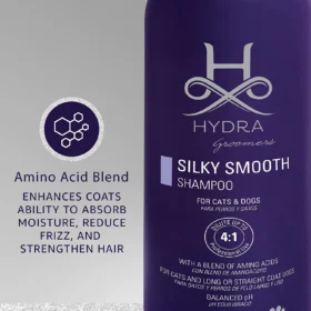 Hydra Groomers Silky Smooth Shampoo ingredient infographic – amino acid blend enhances moisture absorption, reduces frizz and strengthens hair in cats and dogs
