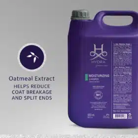 Hydra Groomers Moisturizing Shampoo 5L infographic – oatmeal extract helps reduce coat breakage and split ends with 10:1 dilution for cats and dogs