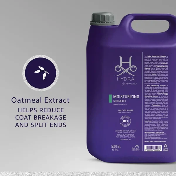 Hydra Groomers Moisturizing Shampoo 5L infographic – oatmeal extract helps reduce coat breakage and split ends with 10:1 dilution for cats and dogs