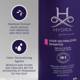 Hydra Groomers Odour Neutralizing Shampoo infographic – oatmeal extract reduces coat breakage, odour neutralizing agents remove bad odours and fix fragrance to coat