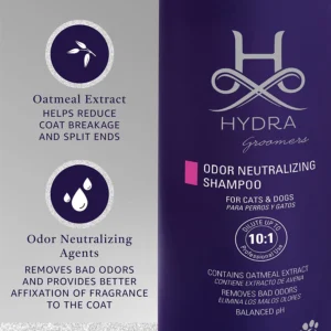 Hydra Groomers Odour Neutralizing Shampoo infographic – oatmeal extract reduces coat breakage, odour neutralizing agents remove bad odours and fix fragrance to coat