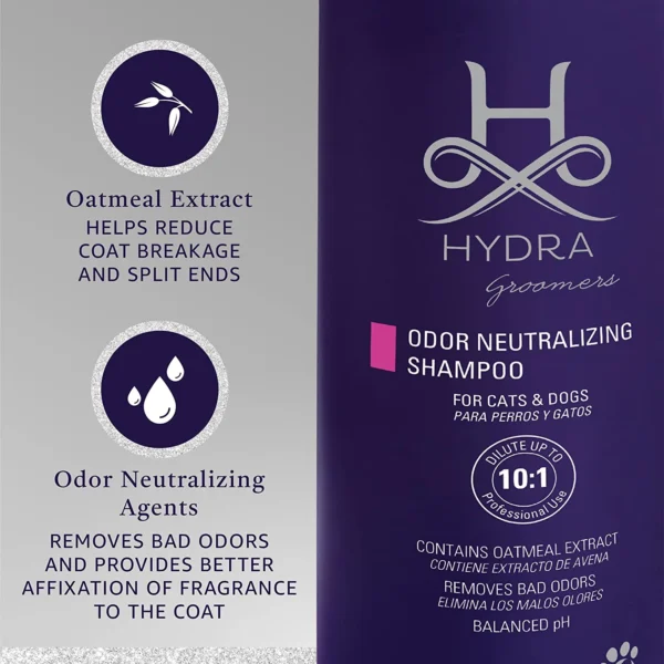Hydra Groomers Odour Neutralizing Shampoo infographic – oatmeal extract reduces coat breakage, odour neutralizing agents remove bad odours and fix fragrance to coat