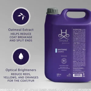 Hydra Groomers Whitening Shampoo 5L infographic – oatmeal extract reduces coat breakage, optical brighteners reduce reds yellows and oranges for cats and dogs