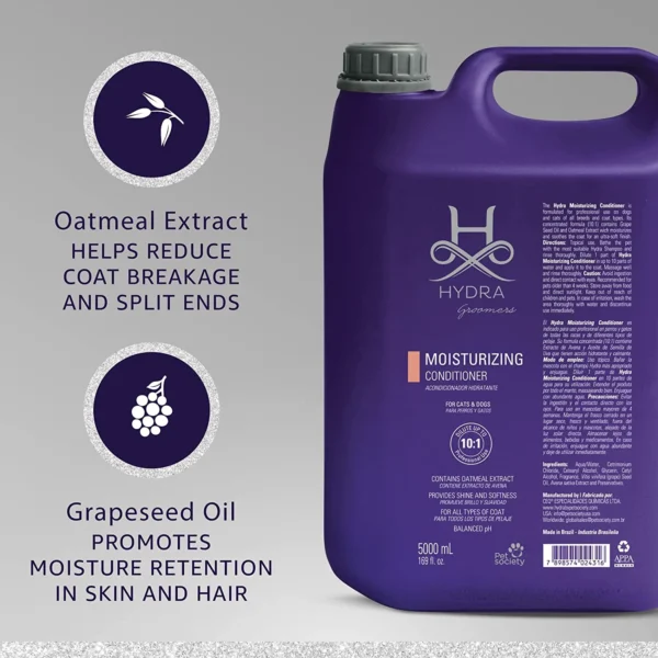 Hydra Groomers Moisturizing Conditioner 5L infographic – oatmeal extract reduces coat breakage, grapeseed oil promotes moisture retention in skin and hair