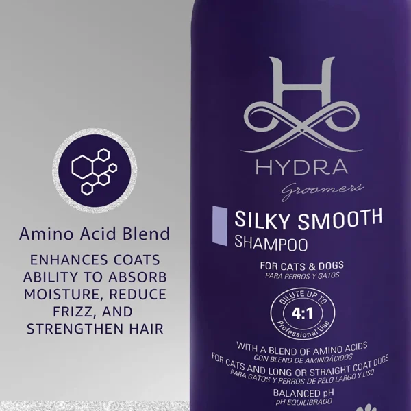 Hydra Groomers Silky Smooth Shampoo ingredient infographic – amino acid blend enhances moisture absorption, reduces frizz and strengthens hair in cats and dogs