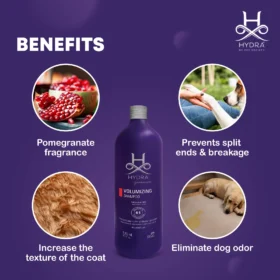 Hydra Groomers Volumizing Shampoo four benefits – pomegranate fragrance, prevents split ends and breakage, increases coat texture, eliminates dog odour