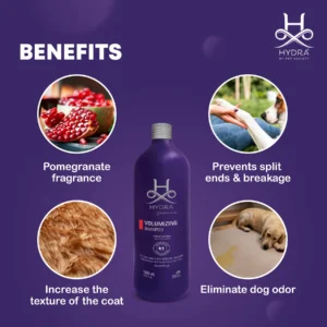 Hydra Groomers Volumizing Shampoo four benefits – pomegranate fragrance, prevents split ends and breakage, increases coat texture, eliminates dog odour