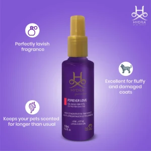 Hydra Groomers Forever Love Cologne 130ml features – perfectly lavish fragrance, keeps pets scented longer, excellent for fluffy and damaged coats