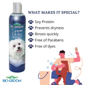 Bio-Groom Super White Shampoo what makes it special infographic – soy protein, prevents dryness, rinses quickly, free of parabens, free of dyes with dog bathing illustration