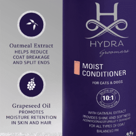Hydra Groomers Conditioner key ingredients – oatmeal extract reduces coat breakage, grapeseed oil promotes moisture retention in skin and hair