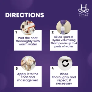 Hydra Groomers Volumizing Shampoo 4-step directions – wet coat with warm water, dilute 4:1, apply and massage, rinse thoroughly and repeat if necessary