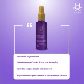Hydra Groomers Forever Love Cologne 130ml usage directions – suitable for dogs and cats, spray after bath and drying, apply to coat, base of tail and behind ears