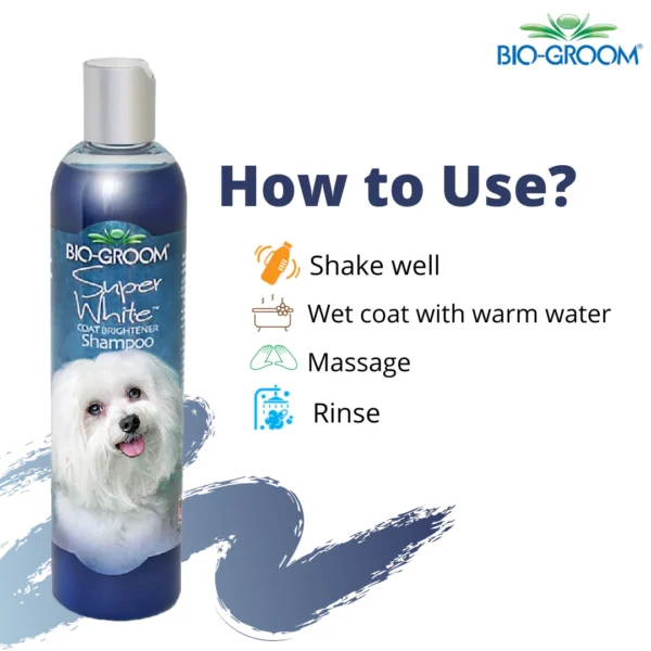 Bio-Groom Super White Coat Brightener Shampoo how to use – shake well, wet coat with warm water, massage, rinse – step by step directions