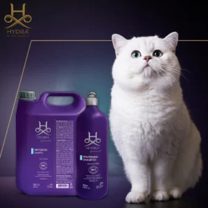 Hydra Groomers Whitening Shampoo 5L and 1L bottles displayed beside a stunning white British Shorthair cat – premium dark background with gold Hydra by Pet Society logo