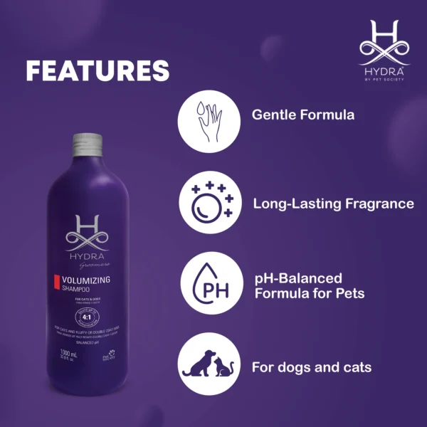Hydra Groomers Volumizing Shampoo features – gentle formula, long-lasting fragrance, pH-balanced for pets, suitable for dogs and cats